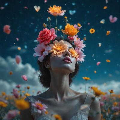 The primary subject of the image is a woman wearing a flower crown on her head. She is surrounded by a field of flowers, which adds to the overall atmosphere of the scene. The visual style of the image is a combination of photo and digital art, creating a unique and artistic representation of the woman and her flower crown. The colors in the image are predominantly pink and yellow, which contribute to a warm and vibrant mood.